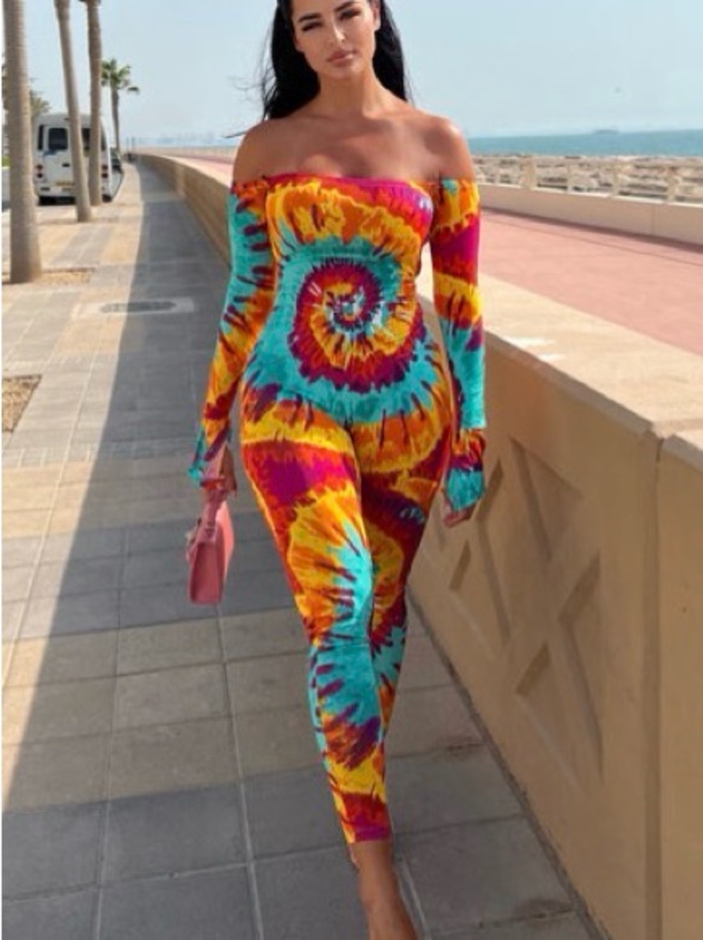 Off-Shoulder Tie-Dye Jumpsuit in Turquoise, Yellow & Magenta